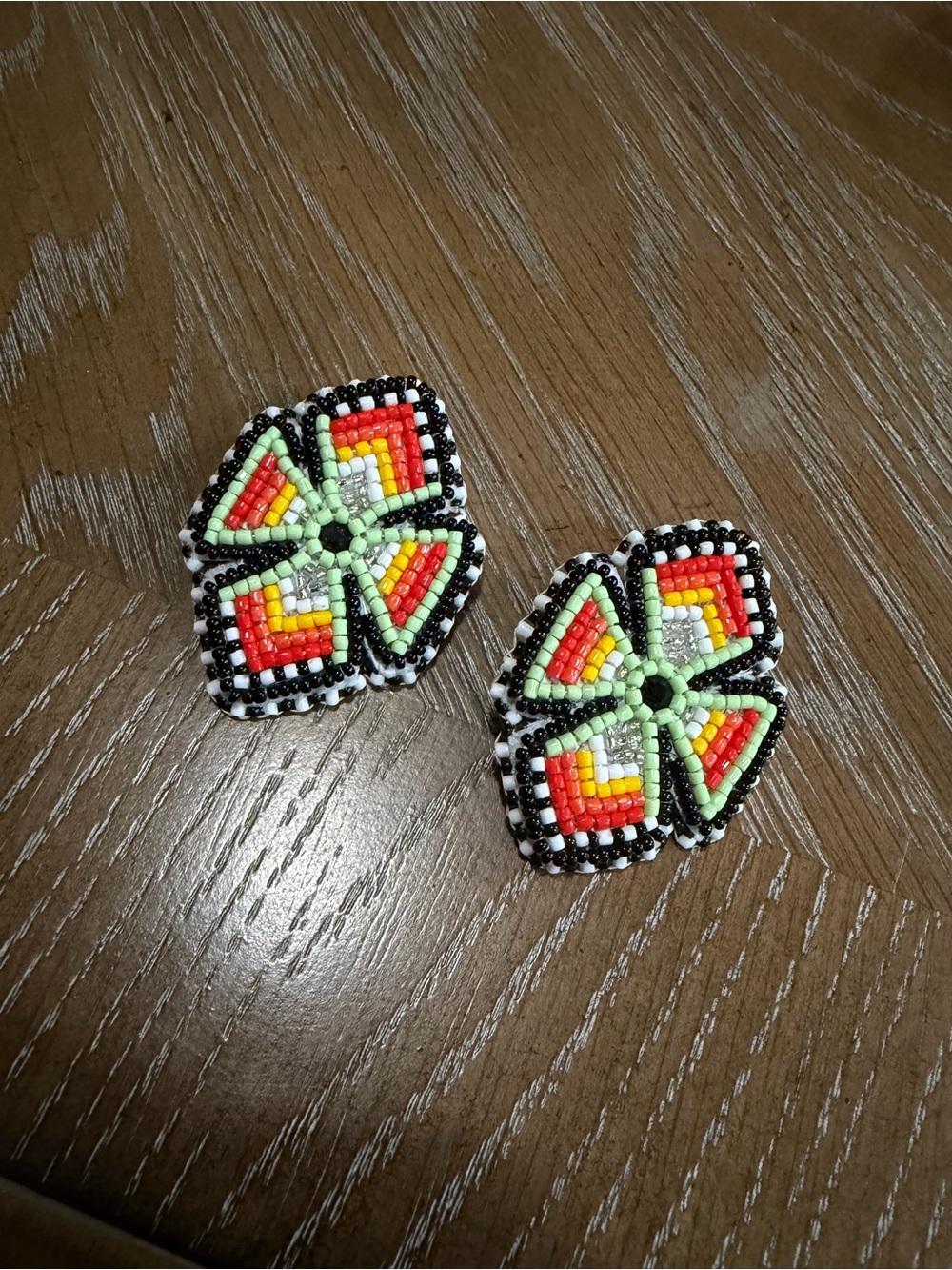 Handmade Beaded Floral Drop Earrings in Lime Green and Red